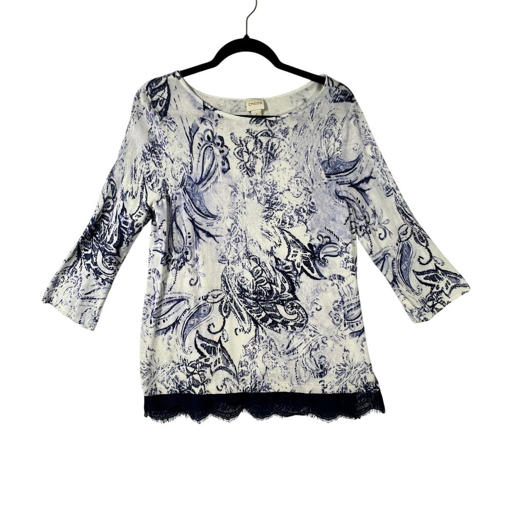 CHICO'S Sweater Top Women M Blue White Paisley Cotton Rayon Lace Hem 3/4 Sleeve